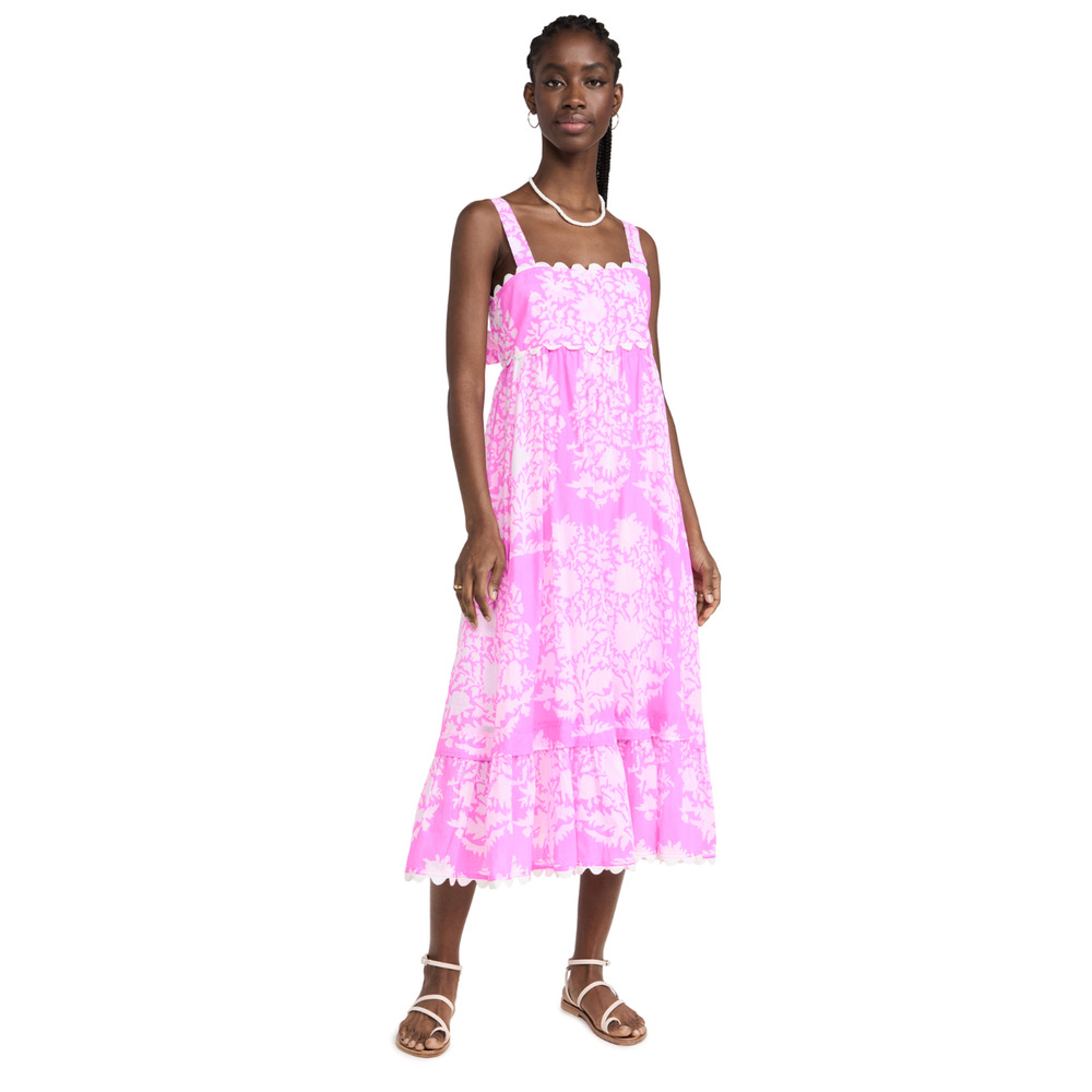 Juliet Dunn Square Neck Palladio Print Cotton Midi Dress Pink White Orchid M